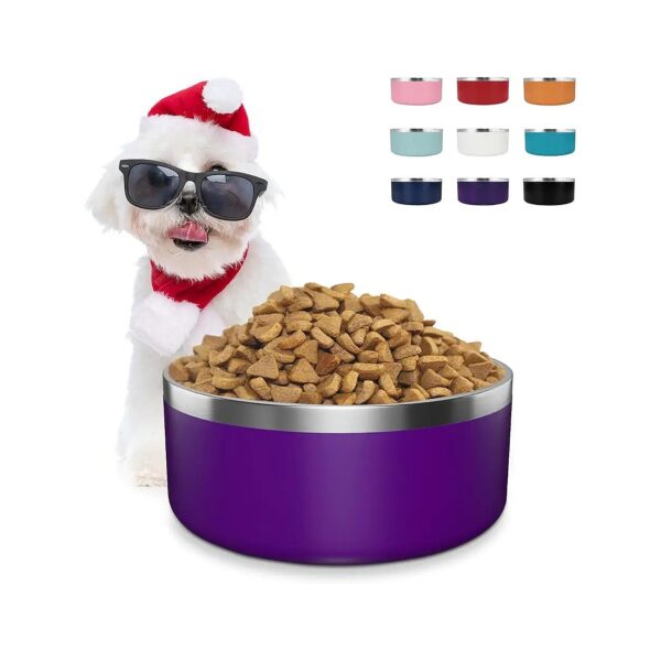 Purple Dog Food and Water Bowls with Stainless Steel and Rubber Construction