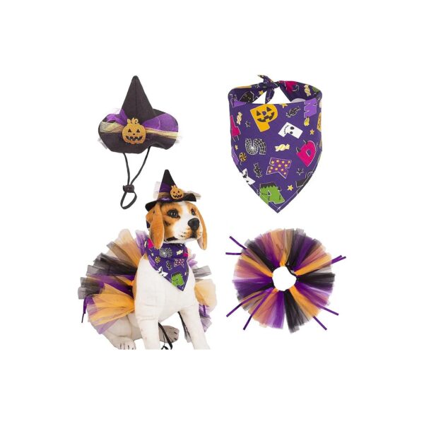 Purple Halloween Dog Costume Set with Tutu Skirt and Bandana Hat for Small to Medium Dogs