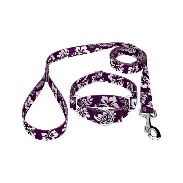 Purple Hawaiian Print Dog Collar and Leash with 5/8 Inch Width