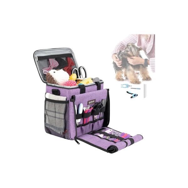 Purple Pet Grooming Tote Bag with Tool Kit Organizer Bag for Cats and Dogs