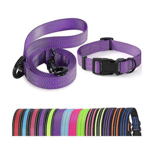 Purple Reflective Nylon Dog Leash Collar Set Medium Size Adjustable Collar 13-17