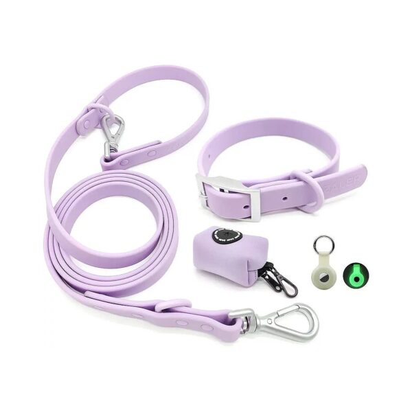 Purple Waterproof Dog Collar and Leash Set with AirTag Holder for Small Large Dogs