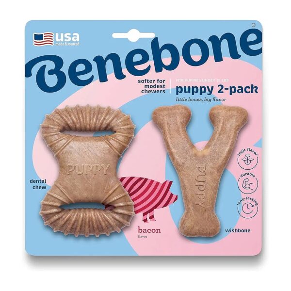 Real Bacon Flavor Puppy Chew Toys for Happy Puppies 2-Pack Made in USA