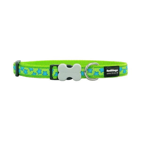 Red Dingo Style Dog Collar with Lime Green and Blue Stars, 20mm Wide