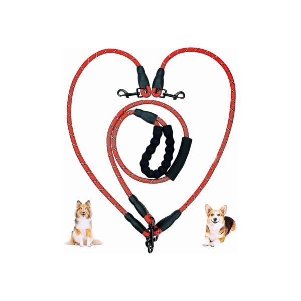 Red Dog Walking Leash for Two Larger Dogs with Swivel Hook and Reflective Belt