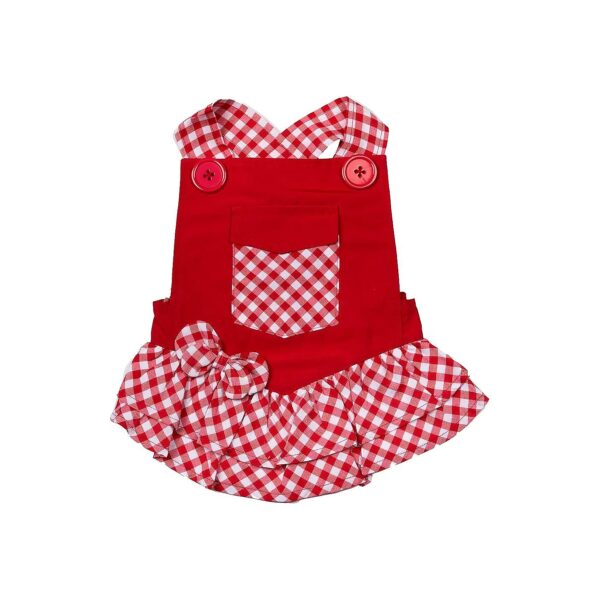 Red Gingham Overalls Dress for Small Dogs with Ruffled Hem and Butterfly Embellishment