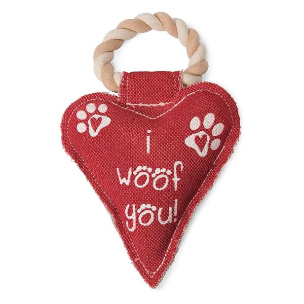 Red Heart Shaped Canvas and Rope Dog Squeaky Toy with Paw Print Icon