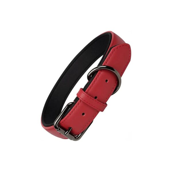 Red Leather Adjustable Collar for Medium Large Dogs with Soft Padded Waterproof Lining