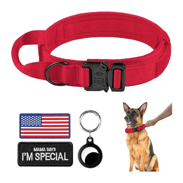 Red Nylon Dog Collar with Adjustable Handle and Metal Buckle for Medium and Large Breeds