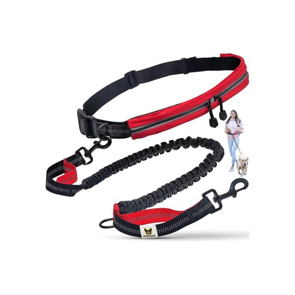 Red Nylon Hands Free Dog Walking Leash for Medium Large Dogs 30-150lbs Reflective Pouch