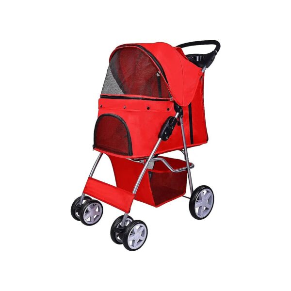 Red Pet Stroller with 4 Wheels and Detachable Carrier for Medium to Small Dogs and Cats