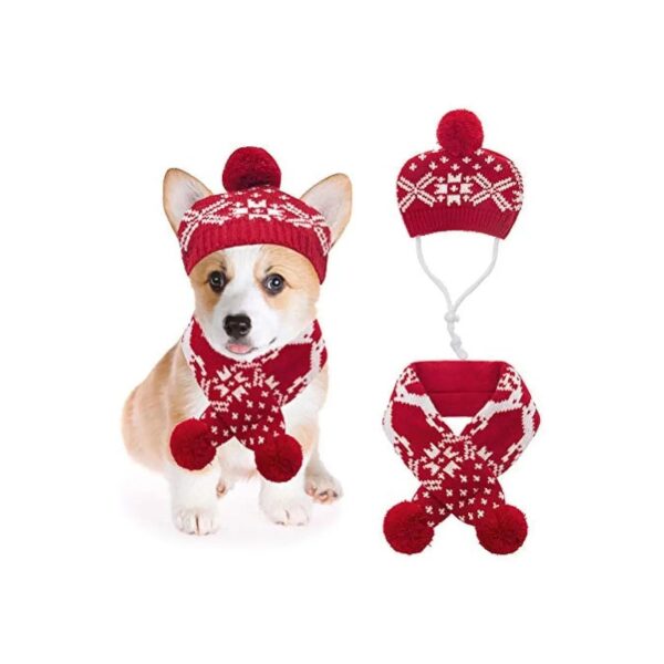 Red White Snowflake Reindeer Print Dog Cat Winter Hat Scarf Set