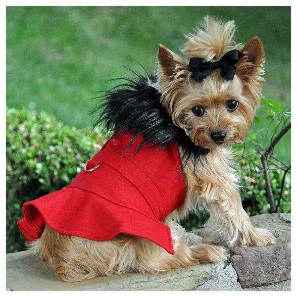 Red Wool Dog Harness Coat with Thick Faux Fur Collar and Matching Leash