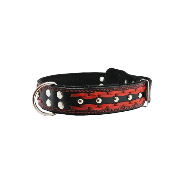 Red and Black Leather Braided Studded Dog Collar for Large Breeds