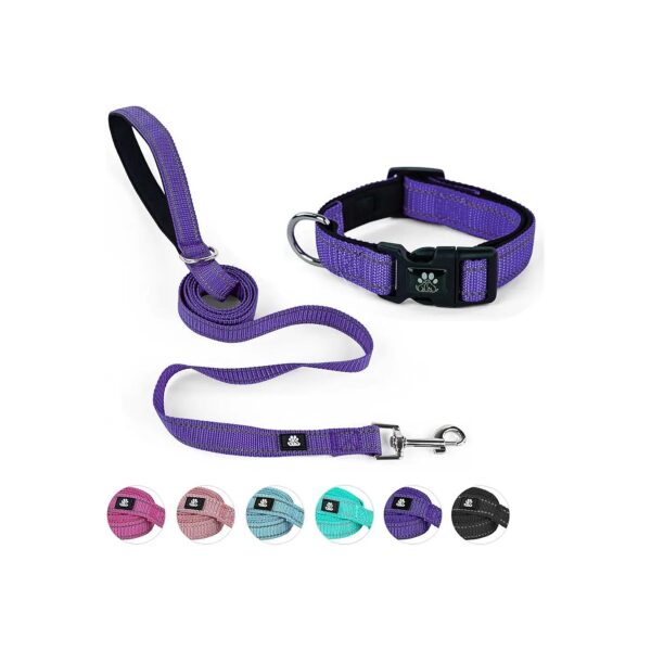 Reflective Dog Collar and Leash Set for Small Medium Large Dogs 5FT Leash Medium Purple