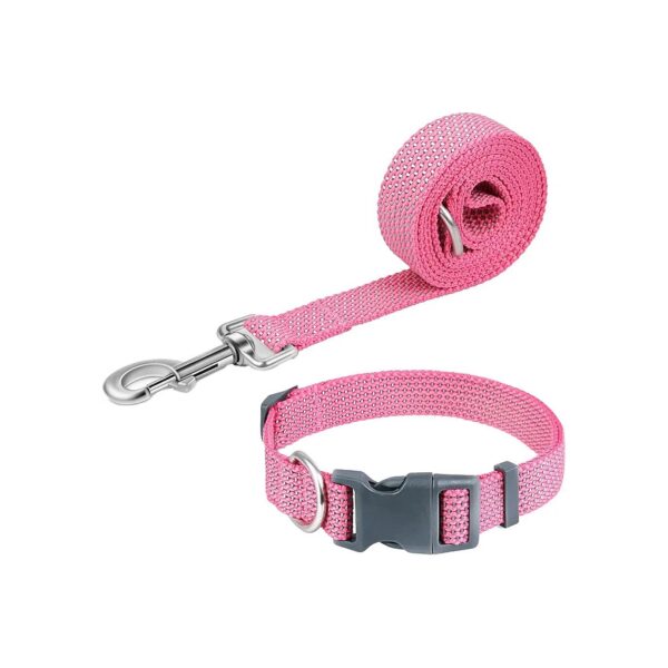 Reflective Dog Collar and Leash Set with Heavy-Duty Steel D-Ring for Small Dogs in Pink