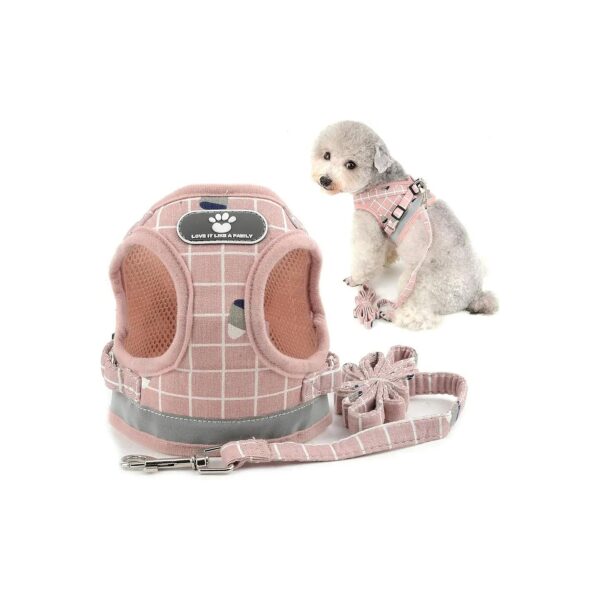 Reflective Pink Plaid Print Pet Leash and Harness Set for Small Dogs and Cats