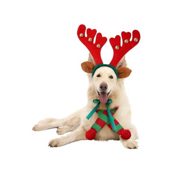 Reindeer Antlers Headband and Striped Scarf Set for Dogs on Christmas Morning