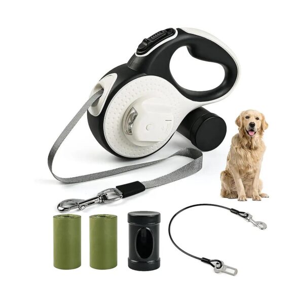 Reliable Retractable Dog Leash with LED Light, Dispenser, and 2 Poop Bags