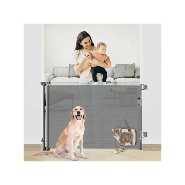 Retractable Dog Gate with Cat Door for Safety and Convenience in Grey