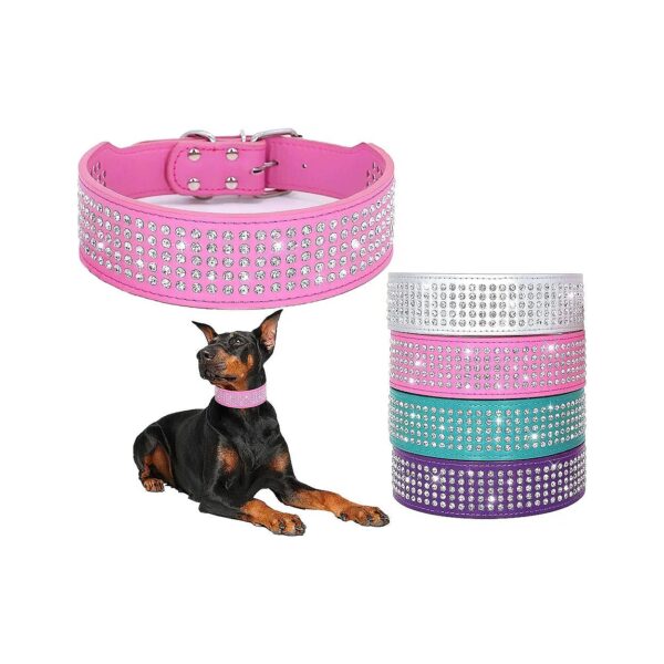 Rhinestone Studded PU Leather Dog Collar with 2'' Wide and 5 Rows of Sparkly Diamonds