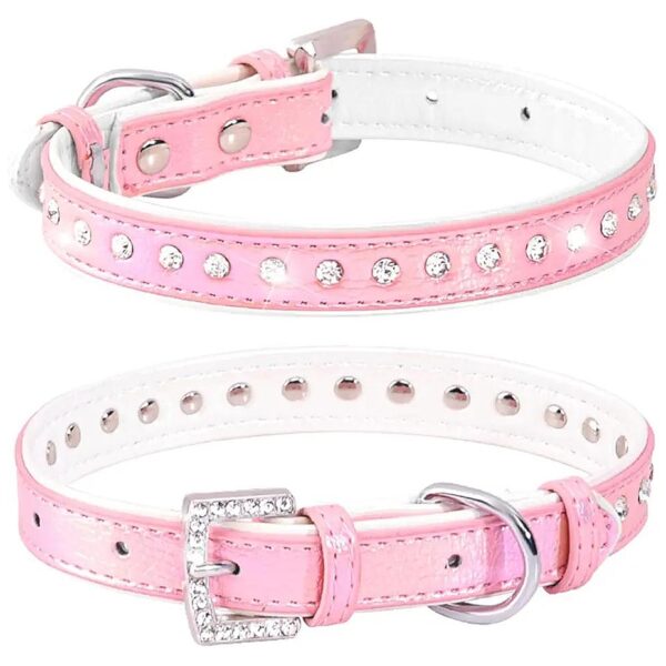 Rhinestones Cat Dog Collar with Soft PU Leather and Shiny Buckle for Small Medium Pets