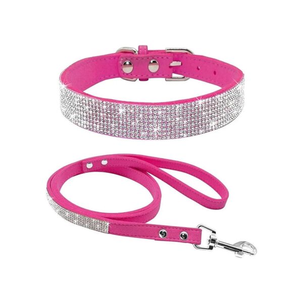 Rose Red Rhinestone Adjustable Pet Collar and Leash Set for Small Dogs and Cats