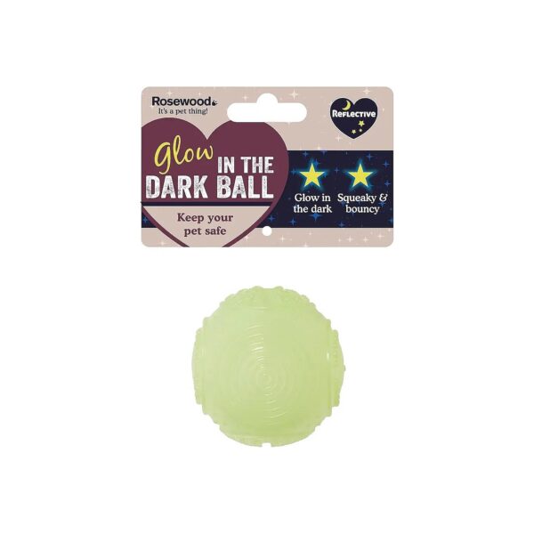 Rosewood Glow in the Dark Ball for Low Light Playtime Fun with Squeaker and Bouncy Action