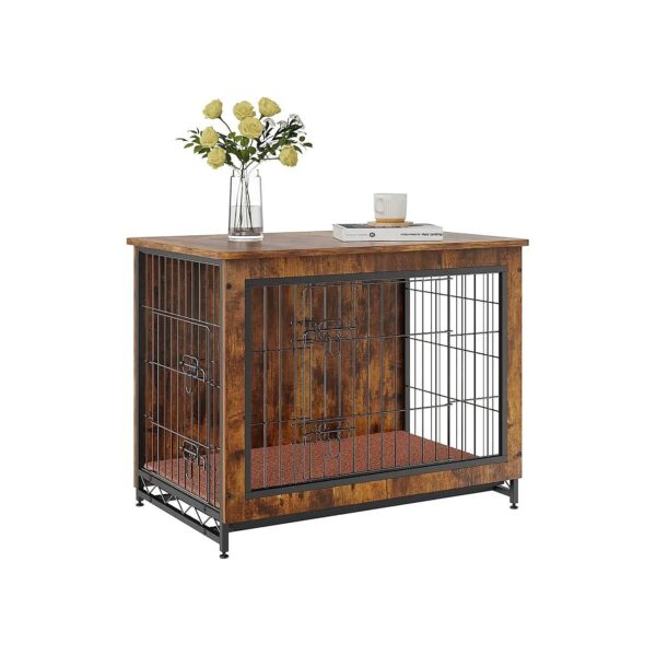 Rustic Brown Wooden Dog Crate End Table with Dual Doors and Removable Tray