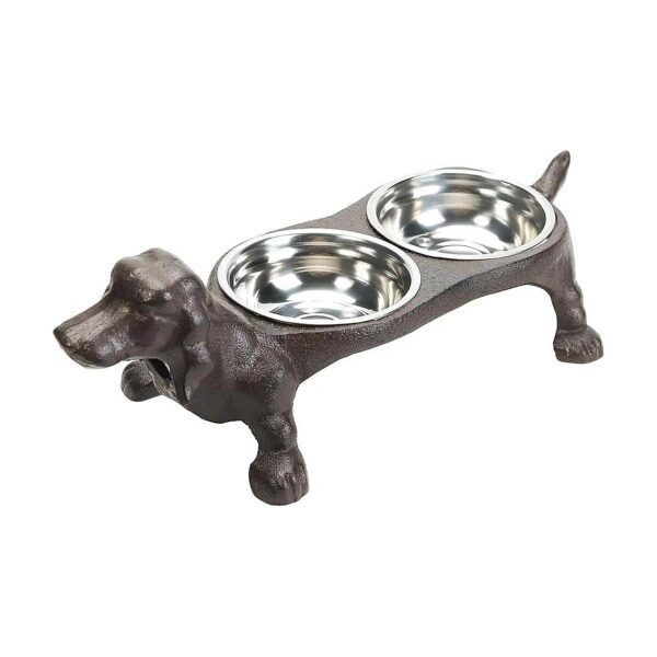 Rustic Pet Feeder with Cast Iron Base and Stainless Steel Bowls for Dogs