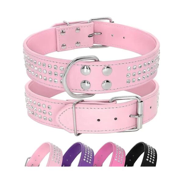 Rustic yet Elegant Pink Leather Dog Collar with Rhinestones for Medium to Large Dogs