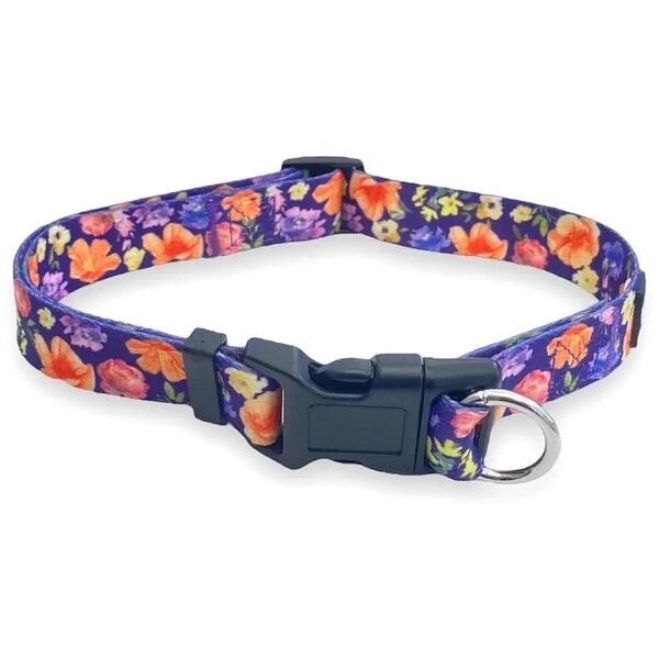 Safe Cinch Dog Collar for Small to Medium Dogs with 10-16 Necks in Purple Poppies Pattern