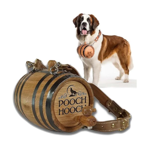 Saint Bernard Whiskey Barrel Dog Collar with Leather Harness and Oak Barrel Dispenser