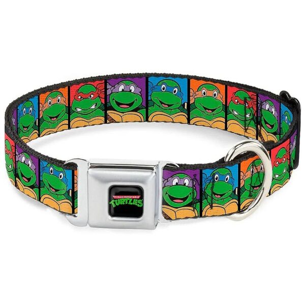 Seatbelt Buckle Dog Collar with Classic TMNT Face Blocks Design and Medium Neck