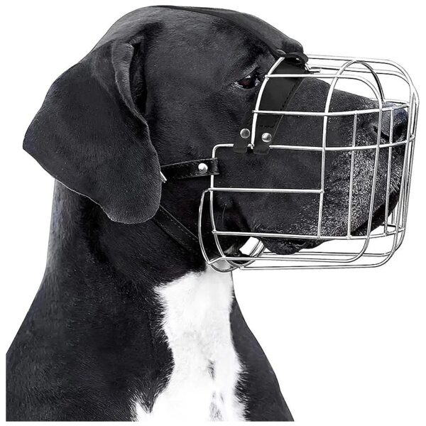 Secure Dog Muzzle with Adjustable Leather Straps and Metal Wire Basket for XL Size Dogs