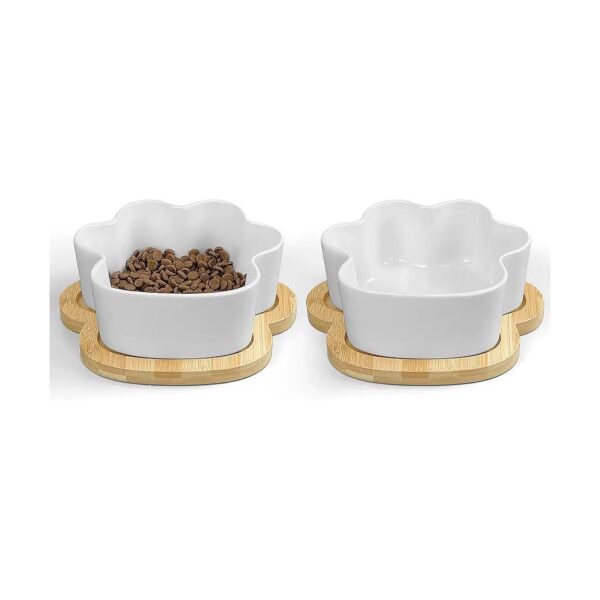 Set of 2 Ceramic Dog Food Bowls with Wooden Pads and Paw-Shaped Design