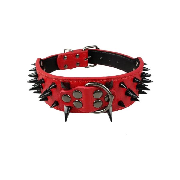 Sharp Spiked Leather Dog Collar for Medium and Large Dogs, Red with Black Rivets