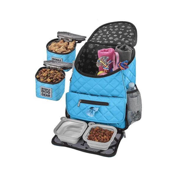 Silicone and Polyester Dog Backpack with Food Carriers and Bowls, Light Blue