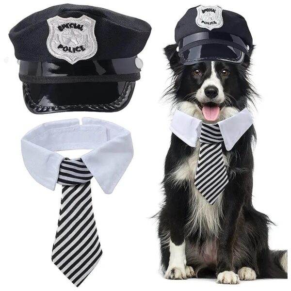 Silver Badge Pet Police Hat and Matching Necktie Accessory Kit for Small to Medium Pets