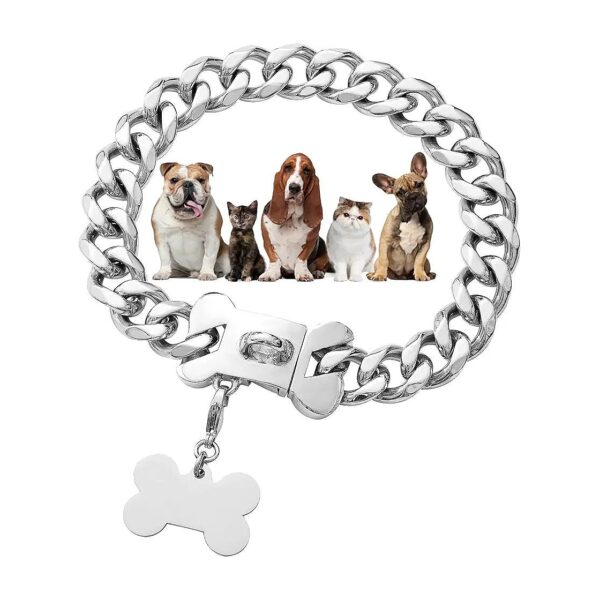 Silver Cuban Link Dog Collar with Secure Snap Buckle for Small Dogs