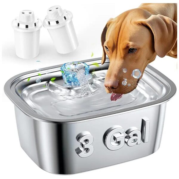 Silver Stainless Steel Pet Drinking Fountain with 11L Capacity for Large Dogs and Cats