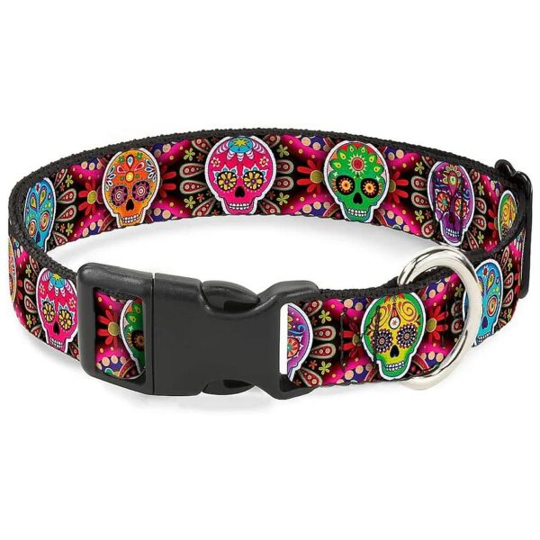 Six Sugar Skull Multi Color Polyester Dog Collar Large Size 15 26 Neck