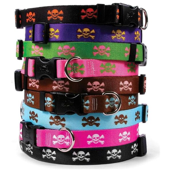 Skull and Crossbones Dog Collar in Green with Pink Small Polyester Size 10-14inch