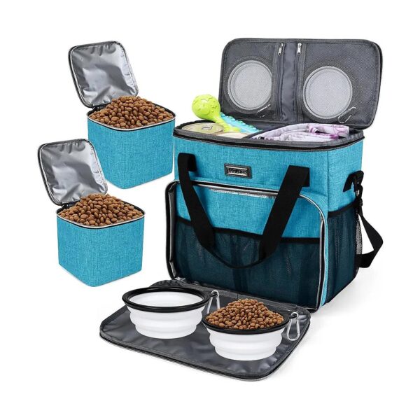 Sky Blue Pet Travel Bag with Food Containers and Silicone Bowls for Organized Pet Trips