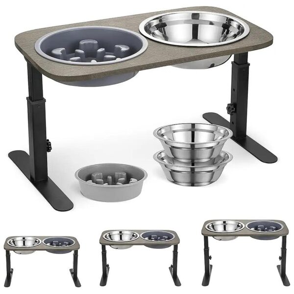 Slow Feeder Dog Bowl with Adjustable Height Metal Stand and Stainless Steel Food Bowls