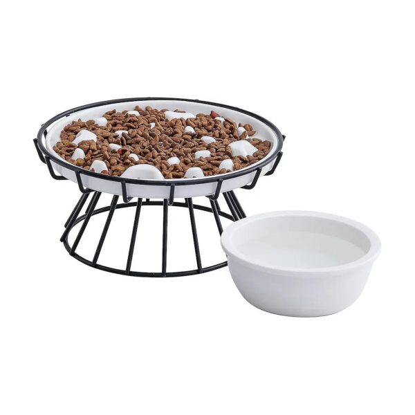 Slow Feeding Ceramic Cat Bowl with Elevated Metal Stand and Water Bowl for Healthy Eating