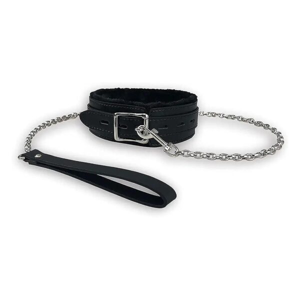 Small Breed Dog Collar with Gothic Plush Leather Material and Chain Leash Black