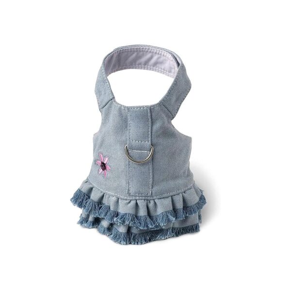 Small Breed Dog Harness Dress with Jean Fringe and Sequin Pink Flower