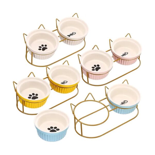 Small Breed Friendly Ceramic Cat And Dog Food And Water Bowl Set With Elevated Stands