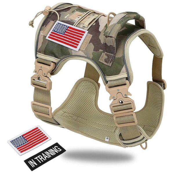 Small Breed Tactical Camouflage Tan Dog Harness with Adjustable Metal Buckles